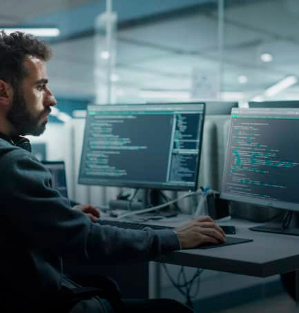 man coding in two monitors, image has gray scale