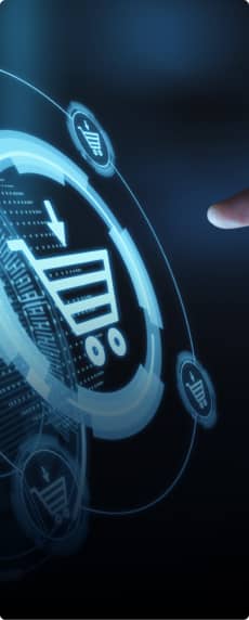 pantalla con icono de carrito de compras y un dedo a punto de tocar el icono en la pantalla