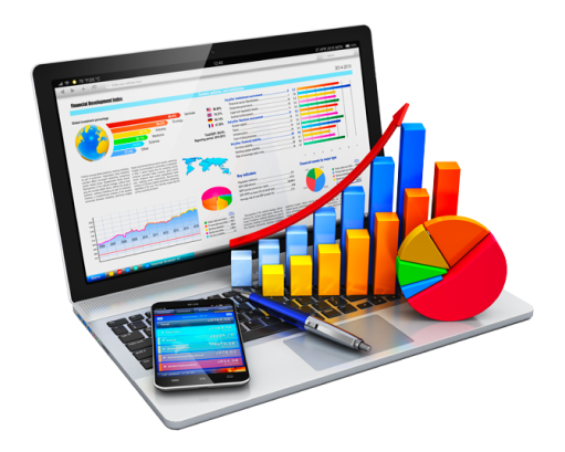 computer with charts coming out of the screen